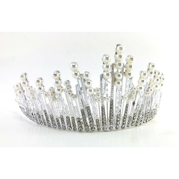 Pearl Bead Clear Silver Tone Metal Tiara Crown Bridal Elegant Rhinestone - Picture 6 of 6